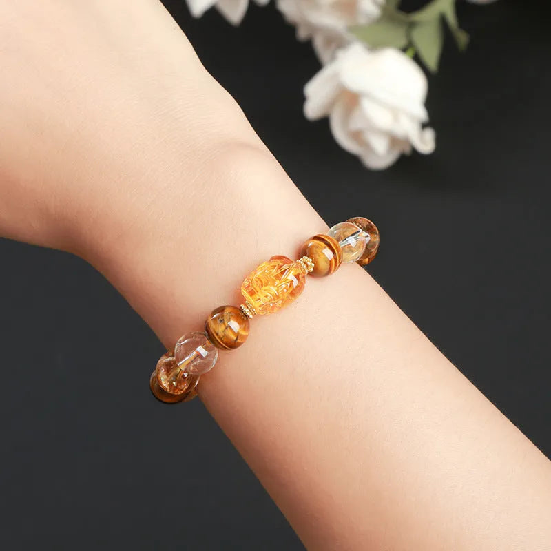 5A natural yellow tiger's eye and citrine pi xiu bracelet with 10mm geometric beads