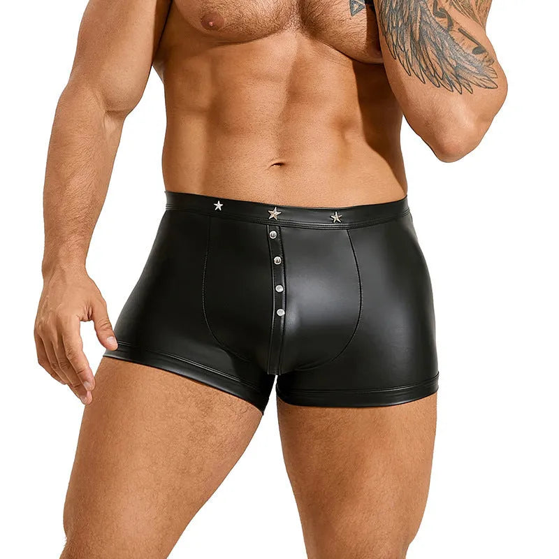 Black men's PU leather boxer shorts with a U pouch design laid flat.