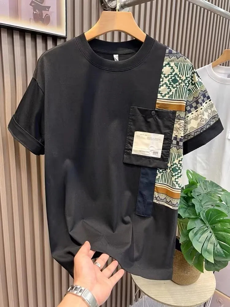 Men's camouflage slim fit polyester pullover T-shirt in black, front view, for summer daily wear.