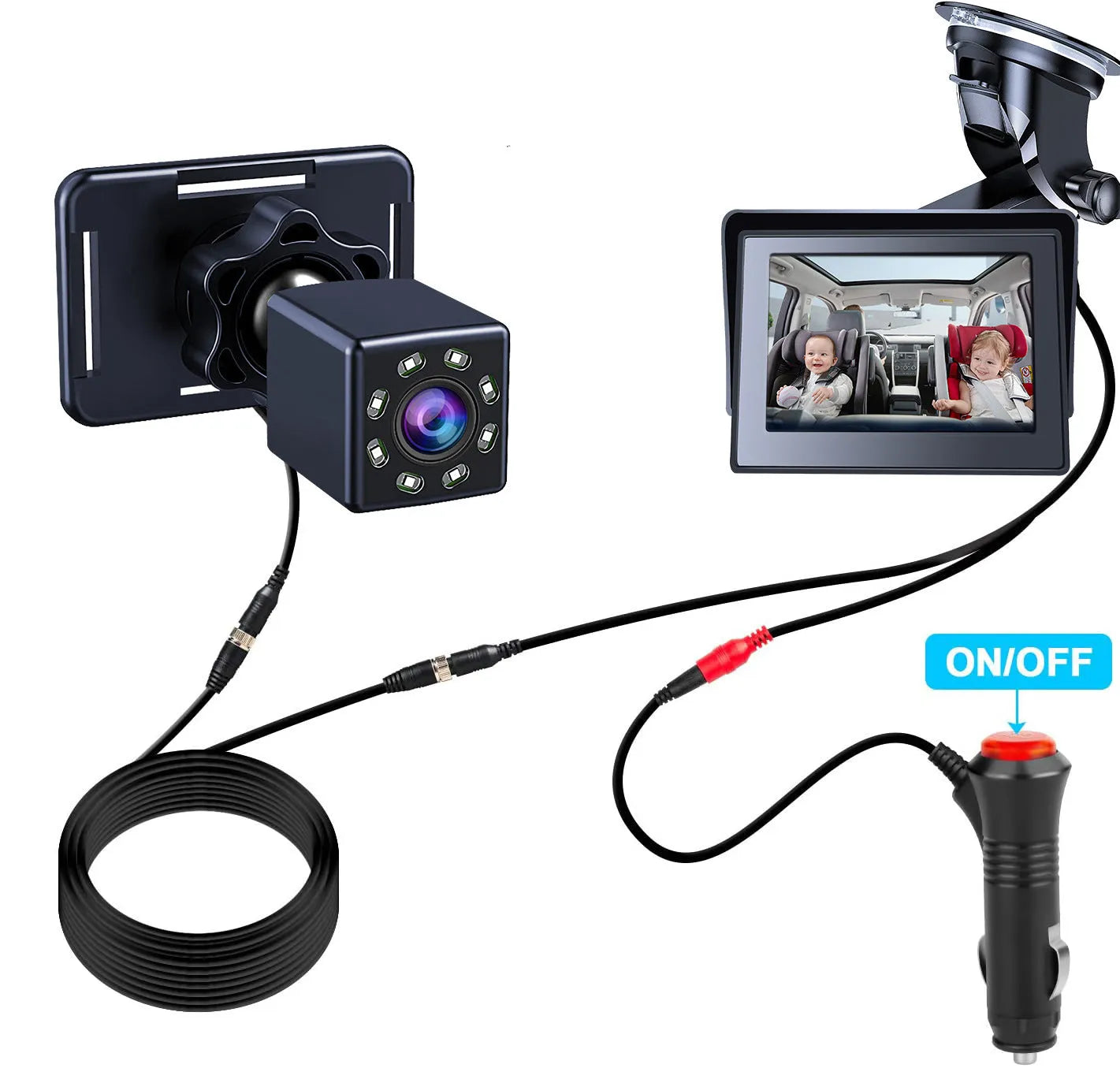 Car infant baby infrared night vision rearview mirror system with 5-inch monitor and wide-angle camera