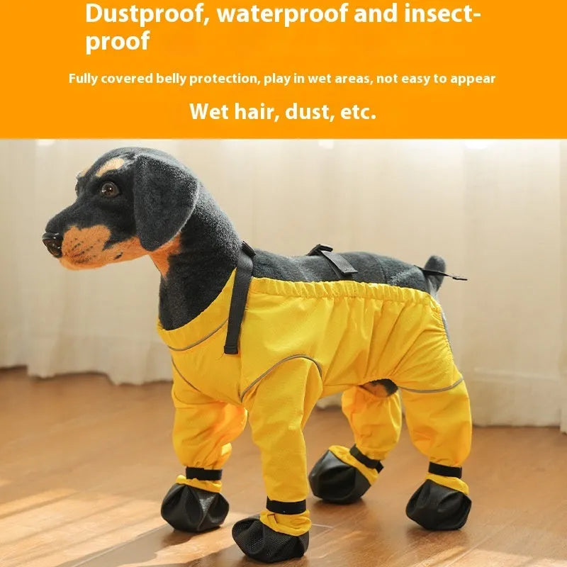 Pet anti-dirty pants dog shoe cover in blue polyester, side view, casual style for outdoor use
