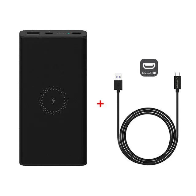 Black and white 10000mAh power bank with USB-C port and wireless charging symbol