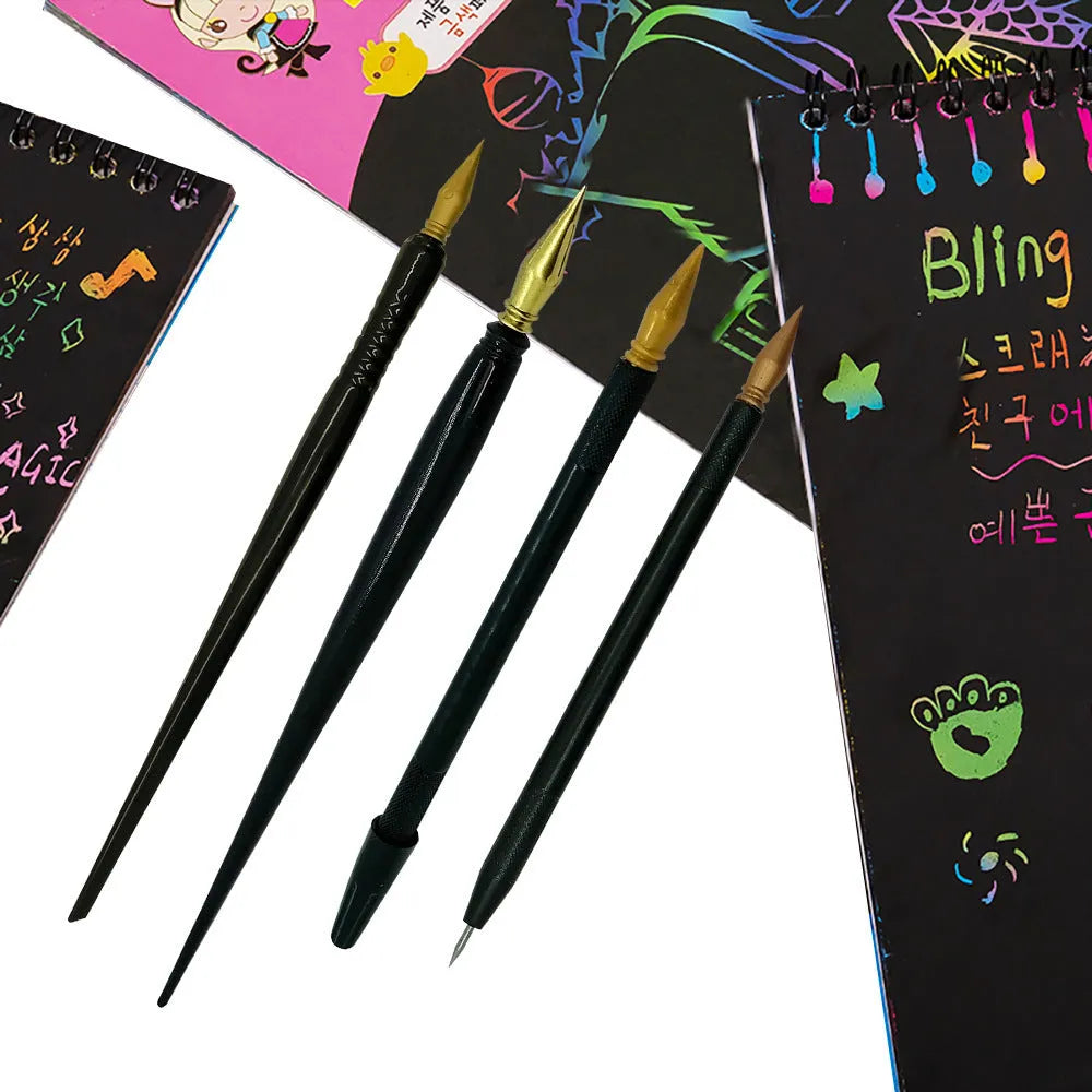 A white PS plastic scratch art pen for children's drawing and colouring on scratch paper.