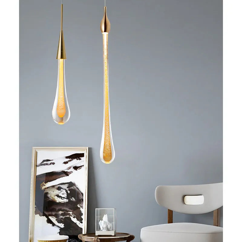 Drop-shaped glass chandelier ceiling lamp with crystal design, 600mm overall size, LED warm light option