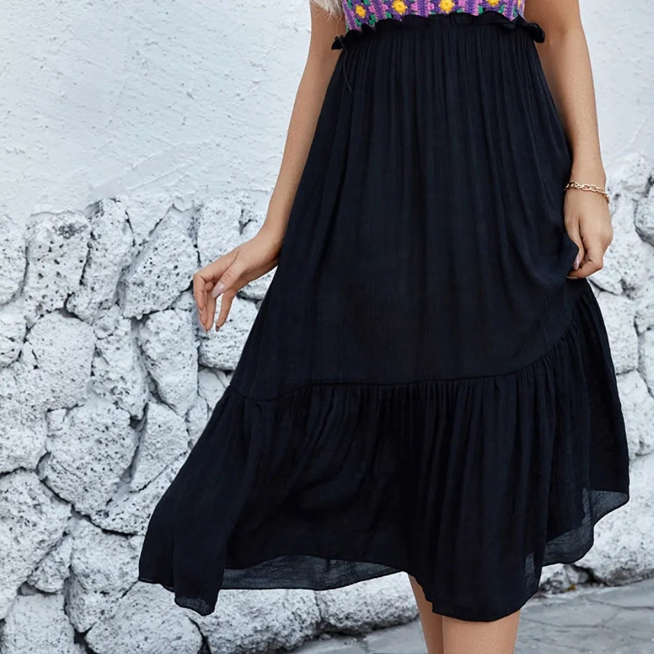 Purple women's sleeveless dress with hand-hooked floral stitching on cotton blend fabric.