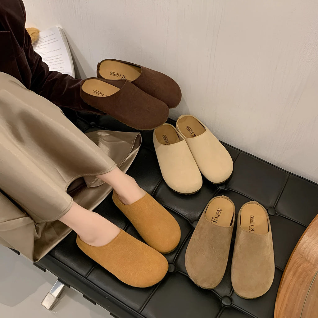 Boken Korean-style flat outdoor slippers in apricot, slip-on design with square toe and microfiber upper.