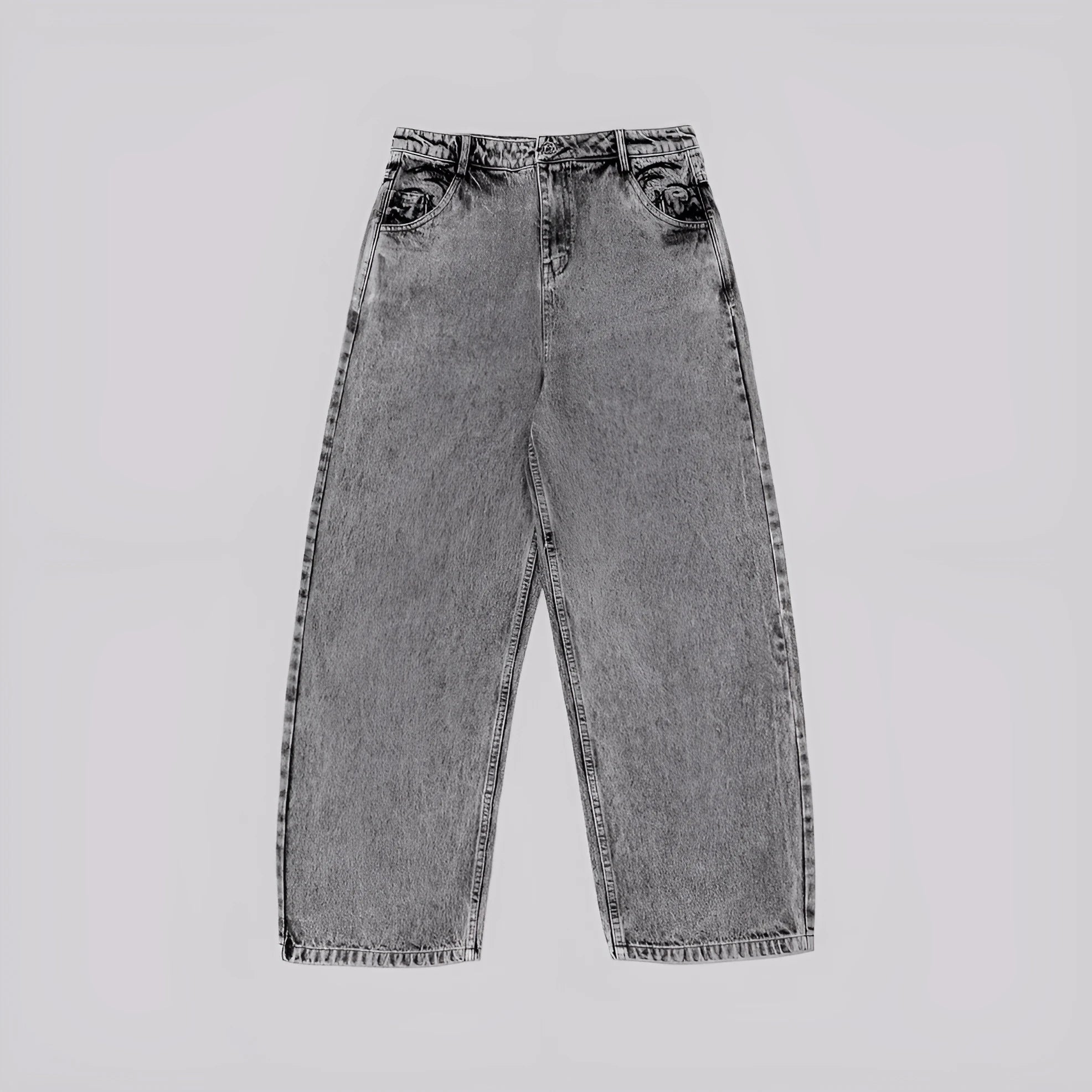 Grey loose straight-leg denim trousers for men and women with mid-waist fit