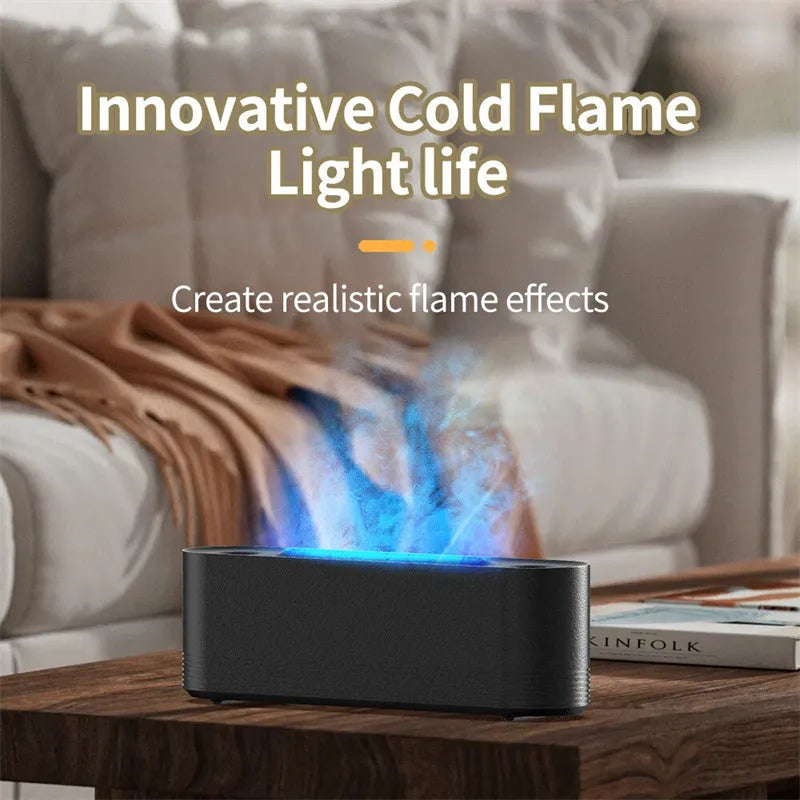 Flame air humidifier diffuser with LED lights showing flame effect, black colour, USB cable
