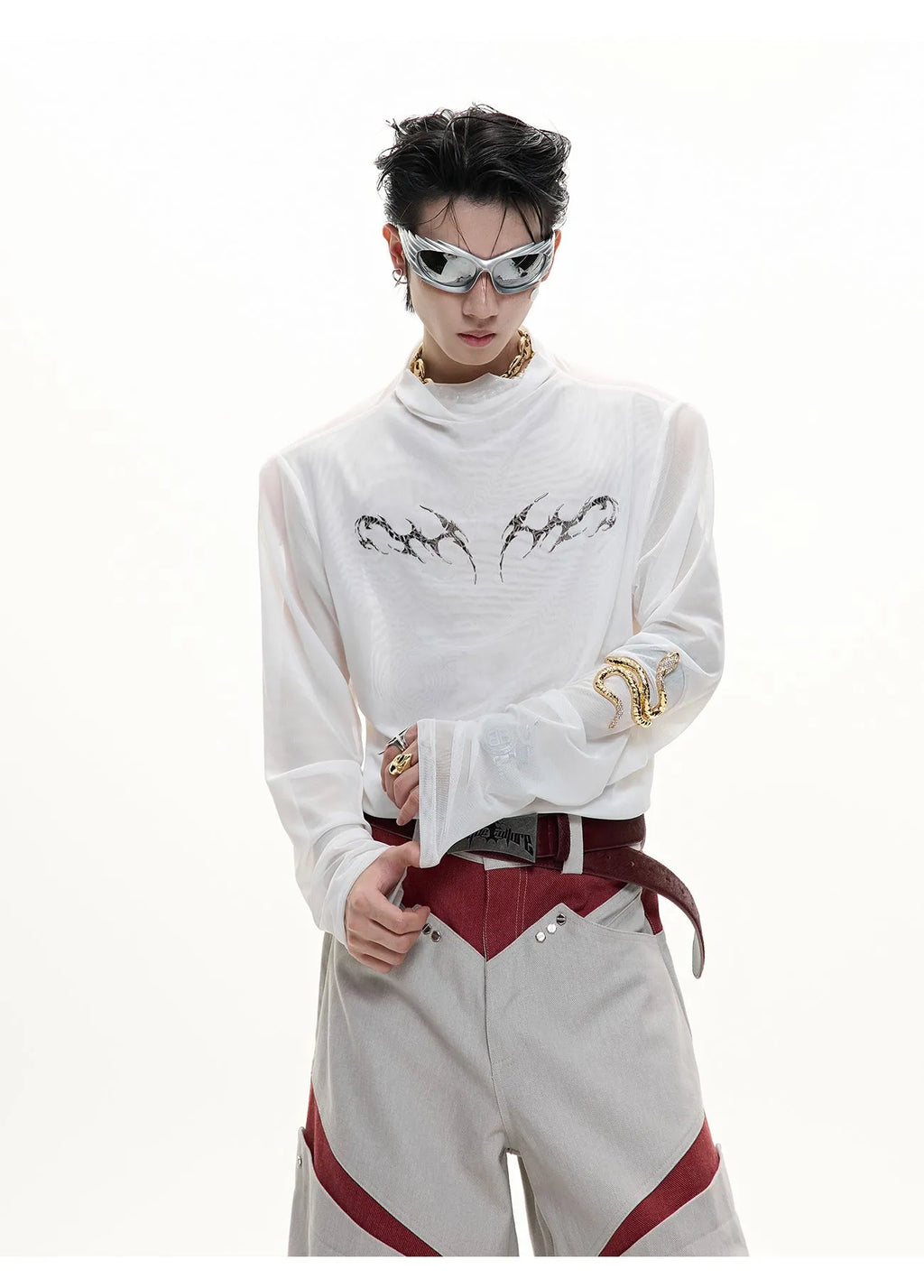 Niche Mesh Ice-feeling Slim Bottoming Shirt long sleeve top in black or white, slim fit.