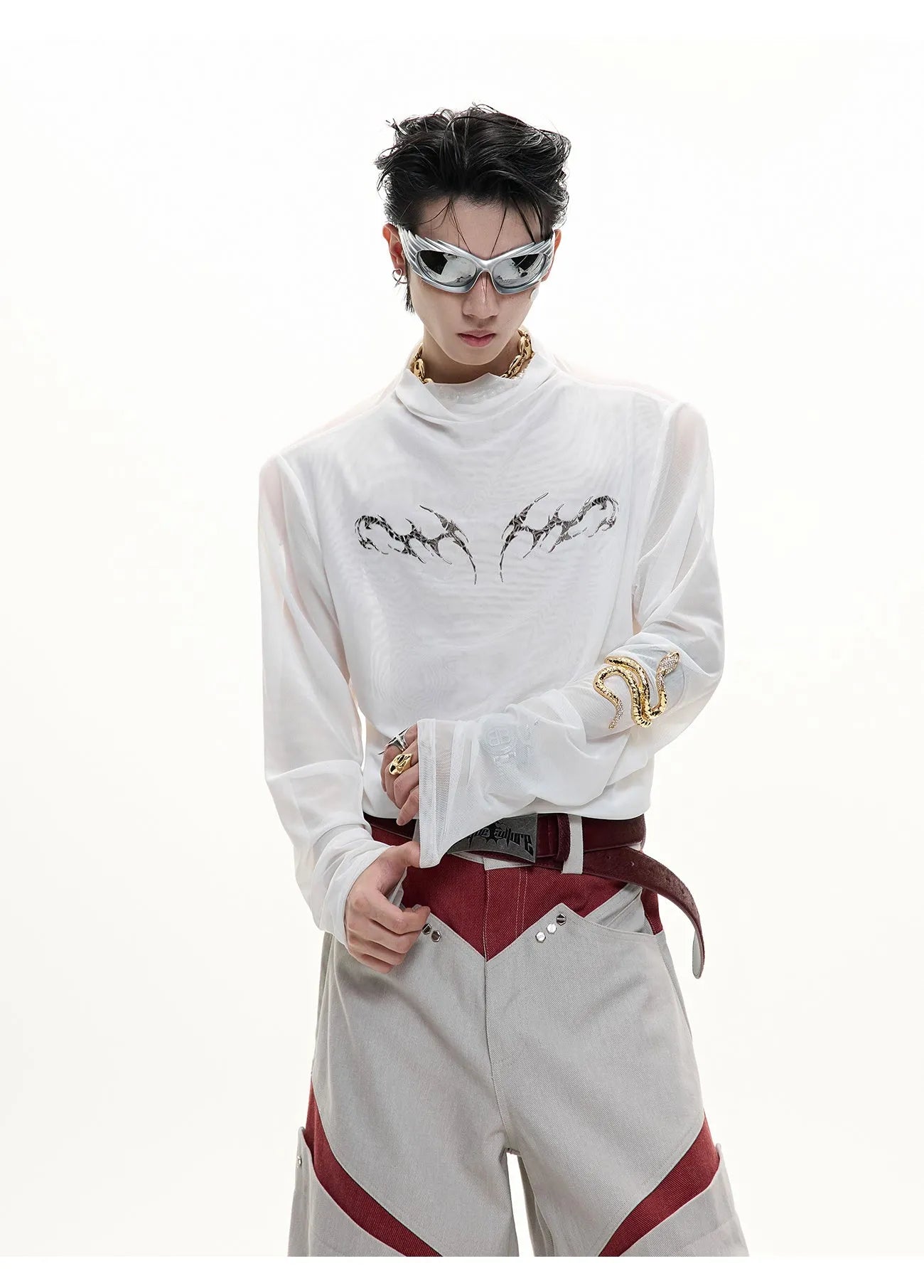 Niche Mesh Ice-feeling Slim Bottoming Shirt long sleeve top in black or white, slim fit.