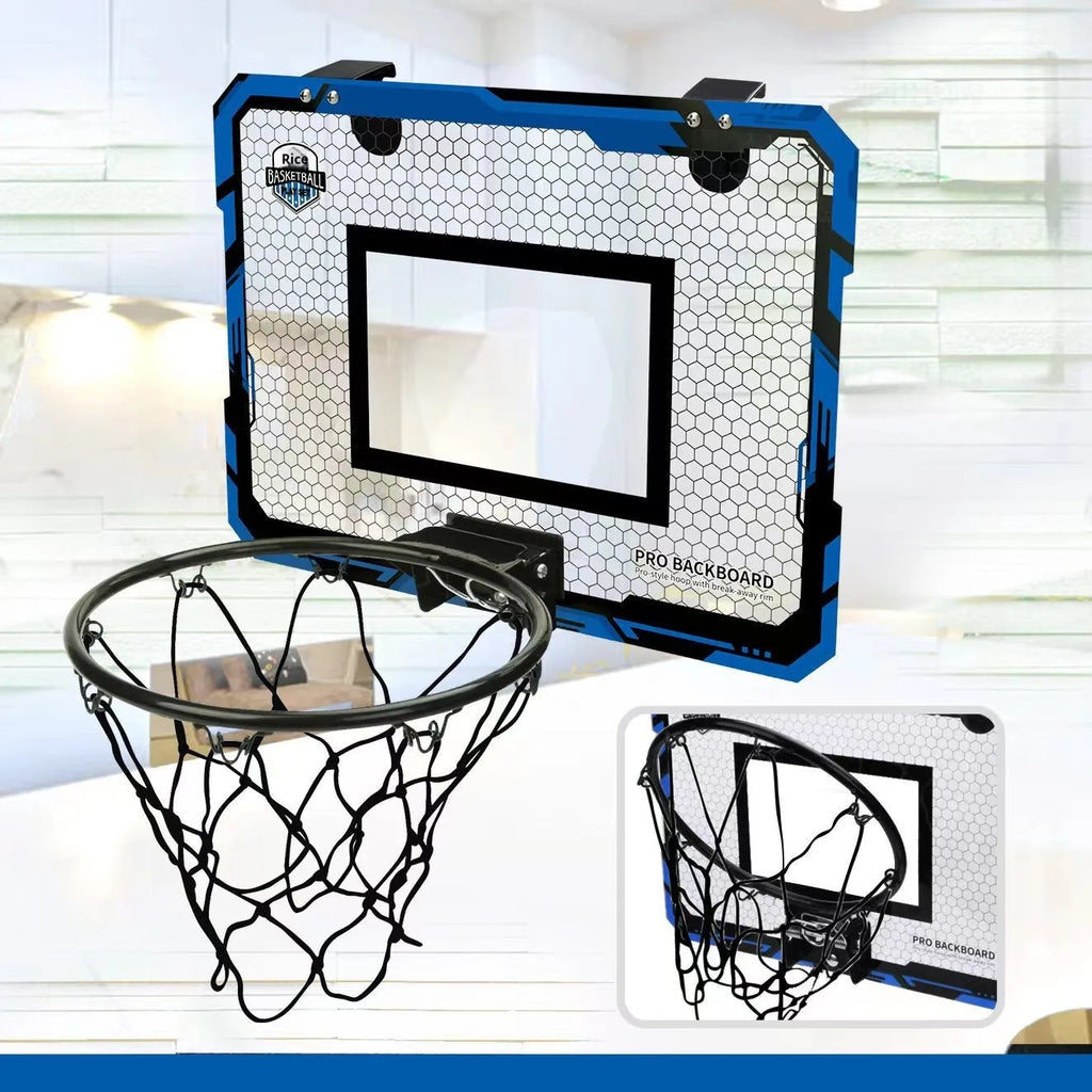 Red and blue folding basketball frame with suction cups, shown as dunk scorer and ball rack.