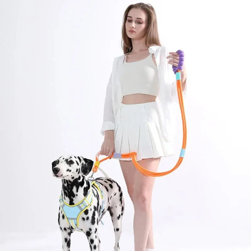 Dog traction rope leash with foam handle in four colour options: black, light purple, sky blue, yellow