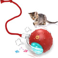 Red motion-activated chirping cat toy rolling fast on carpet with kitten chasing