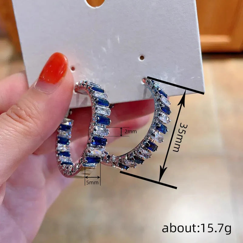 Large copper hoop earrings for women with geometric quadrilateral shape and inlaid zircon in white gold colour finish