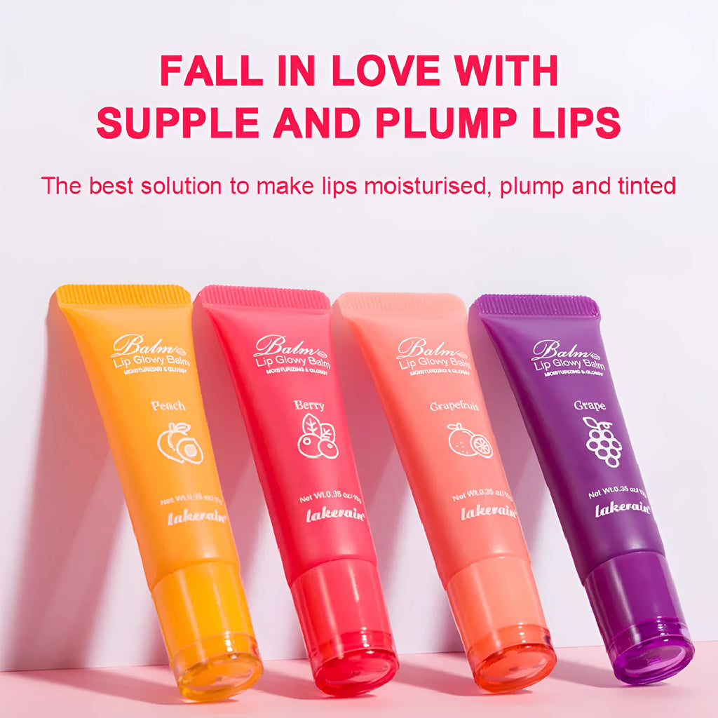 Four flavoured women's lip glosses in berry, grape, grapefruit, and yellow peach colours.
