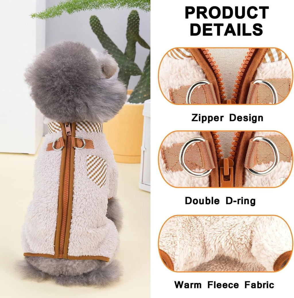 Green plush fleece dog jumpsuit with a back zipper on a small dog