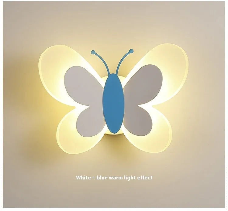 Butterfly-shaped acrylic children bedroom wall lamp in white and pink, 240x170x105mm