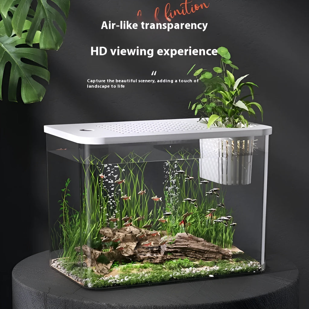 A compact black plastic betta fish tank with a built-in cover, measuring 32cm long, on a wooden table.
