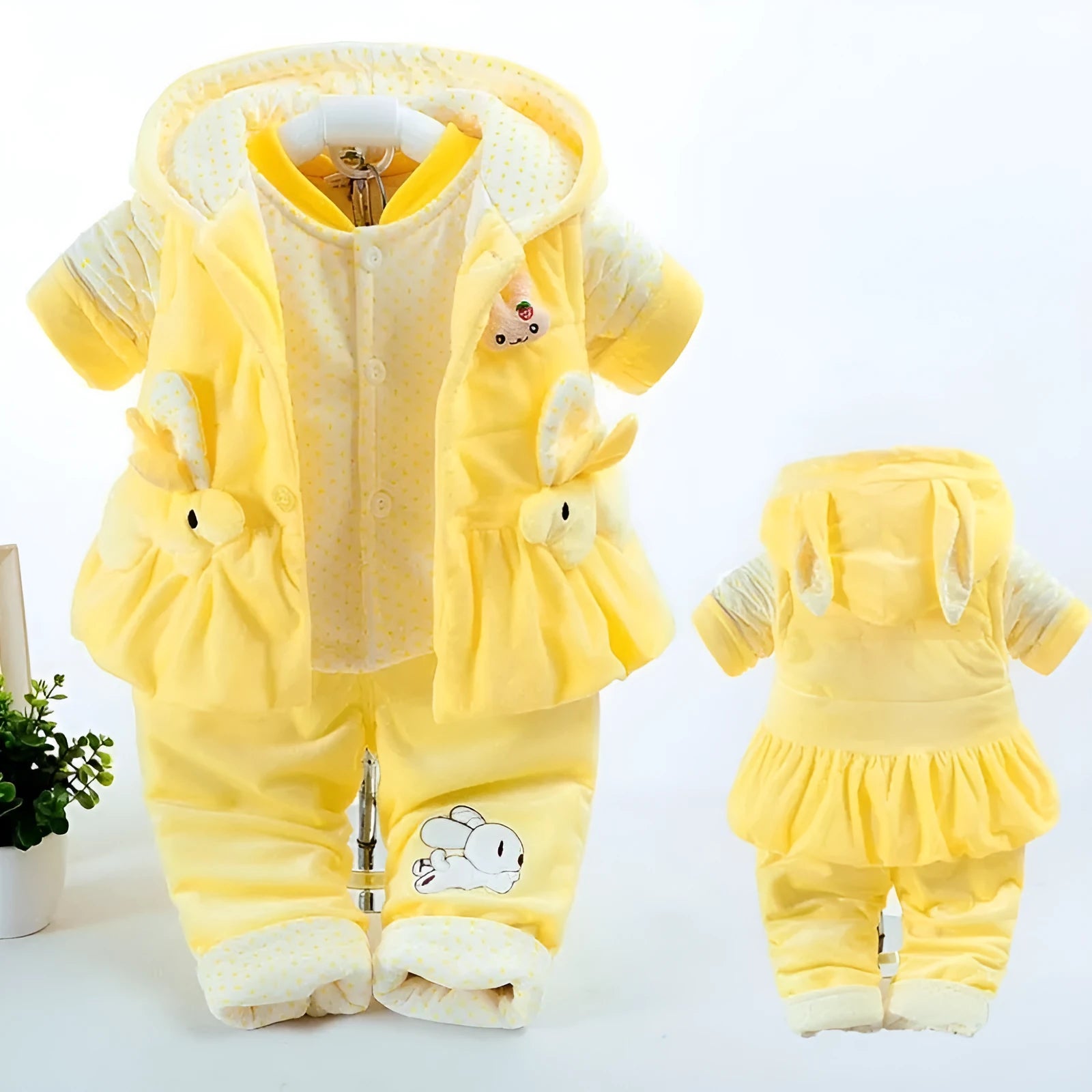 Baby girl's pink autumn winter three-piece flannel clothing set with jacket, trousers, and vest