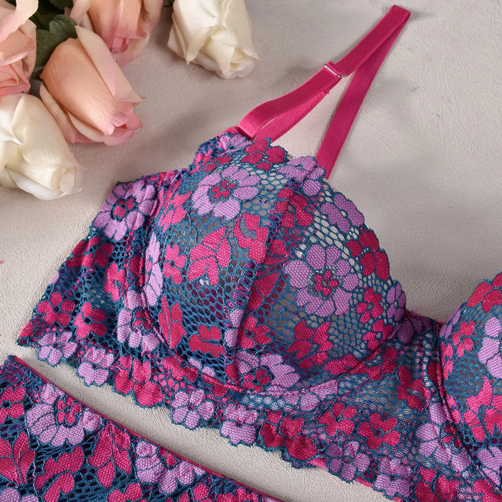 Rose red women's embroidered bikini set with contrast colour details on polyester fabric