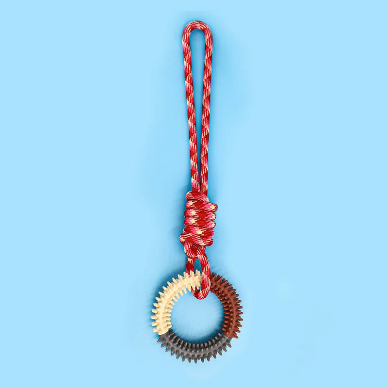 Blue braided rope dog toy with knots measuring 43cm long for puppy chewing