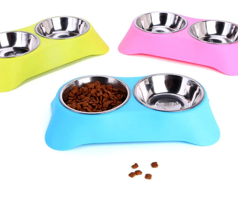 Sunscreen silicone pet double bowl with non-slip base, stainless steel interior, available in Blue, Green, and Rose Red