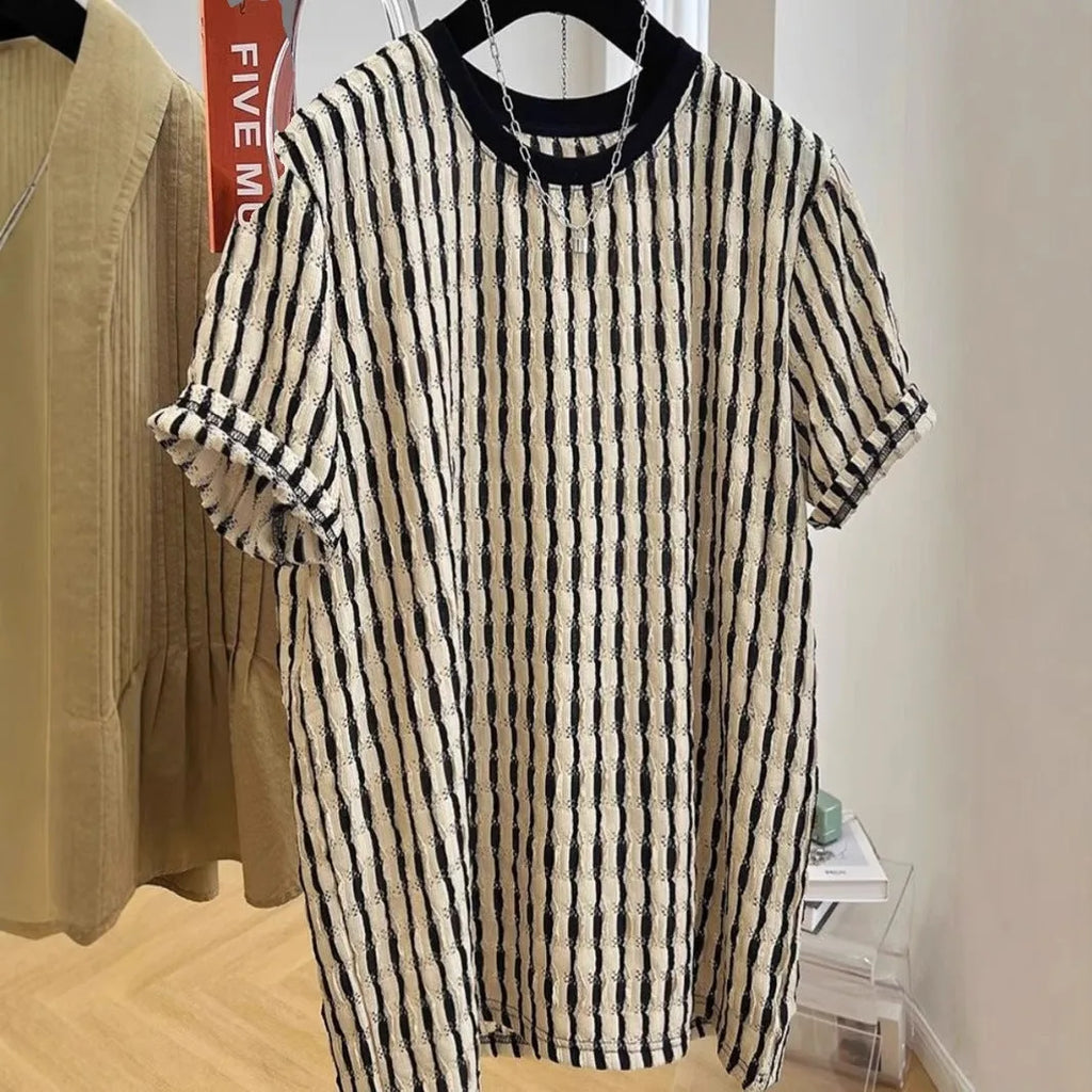 Black and white striped men's casual linen blend shirt with short sleeves and a loose fit.