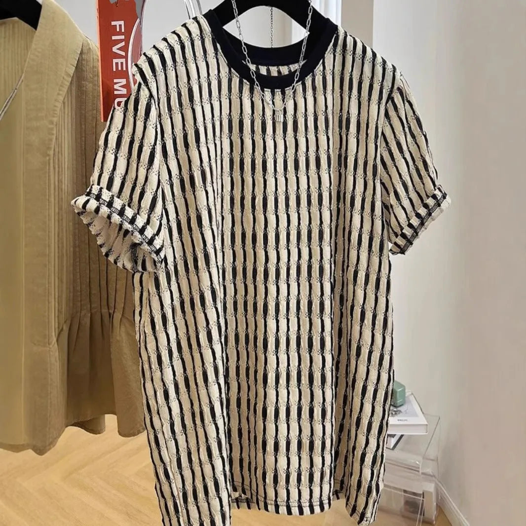 Black and white striped men's casual linen blend shirt with short sleeves and a loose fit.