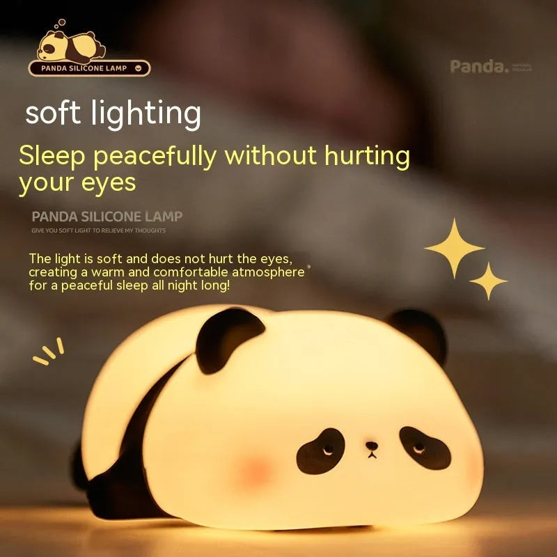 Cartoon panda night light with USB charging cable and warm white LED glow