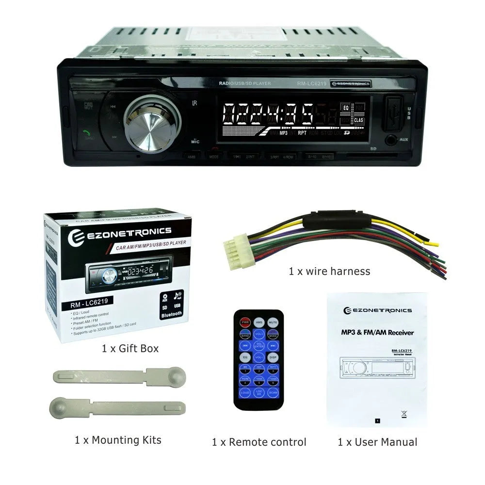 Car stereo Bluetooth FM MP3 receiver with USB and SD card slots, remote control, measuring 178x50x115mm