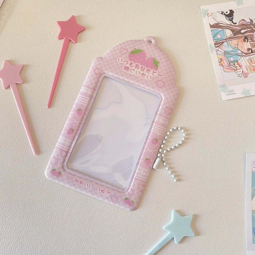 PVC card holder pendant with Strawberry or Four-Leaf Clover cartoon design on clear sleeve.
