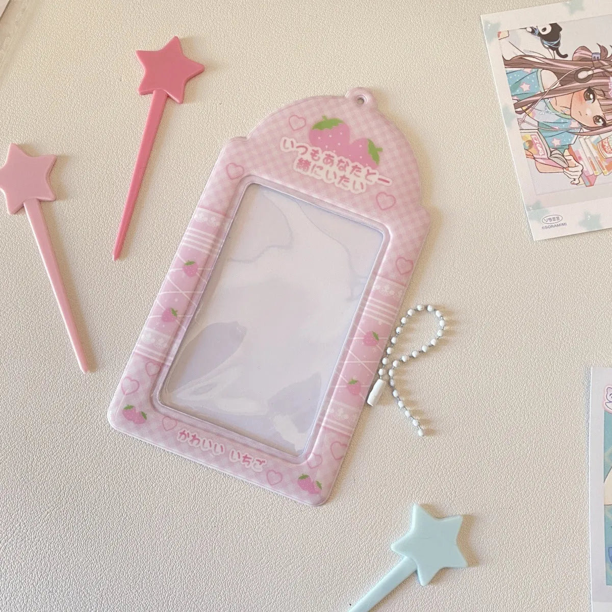 PVC card holder pendant with Strawberry or Four-Leaf Clover cartoon design on clear sleeve.
