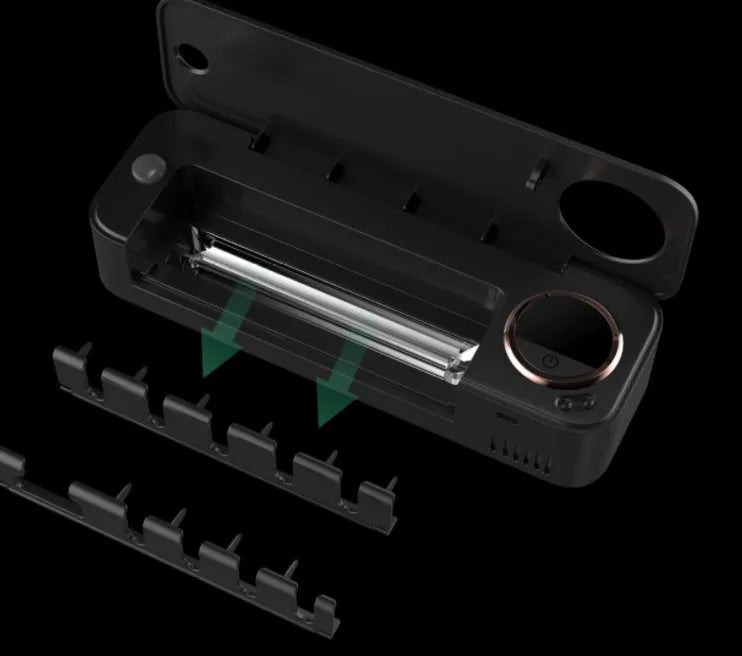 UV toothbrush holder steriliser with LED display attached to wall, showing countdown, black colour