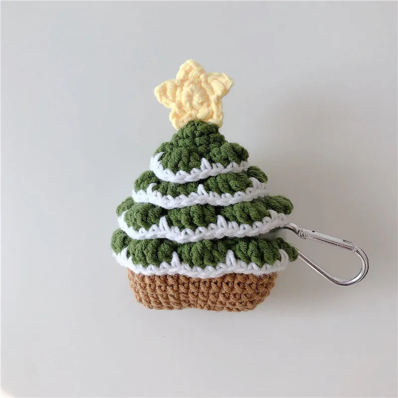 Green knitted Christmas tree Bluetooth headset case for Apple AirPods with hook, flip-style lid