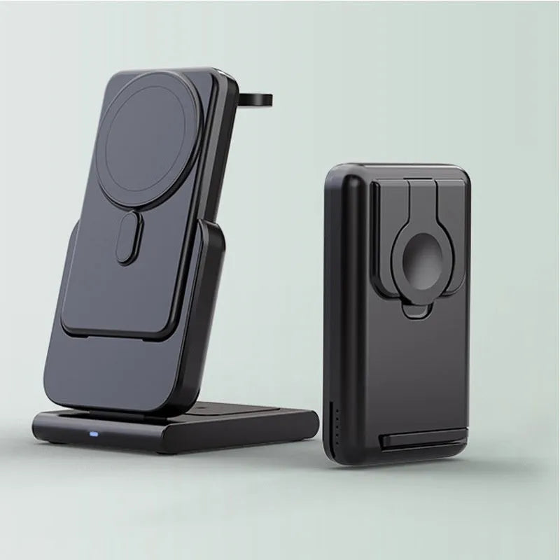 Three-in-one magnetic power bank with folding bracket charging iPhone 12-14 Apple Watch and AirPods wirelessly