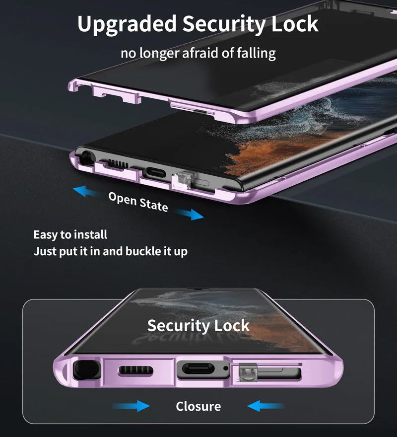 Metal magnetic phone case with integrated peep-proof mirror for Samsung Galaxy S24 Ultra in black.