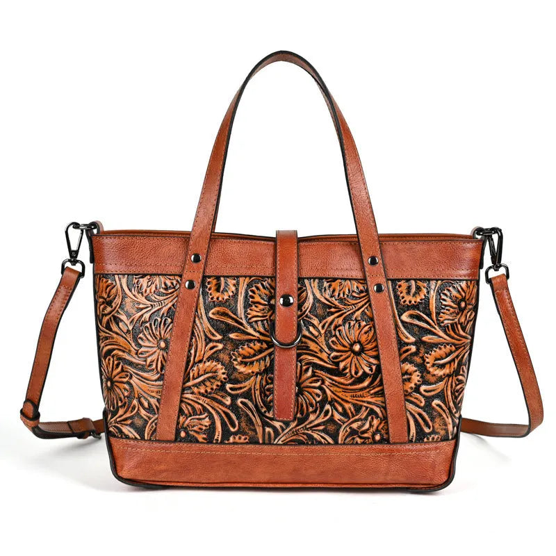 First layer cowhide hand carved skeleton-skin horizontal square crossbody bag in retro brown