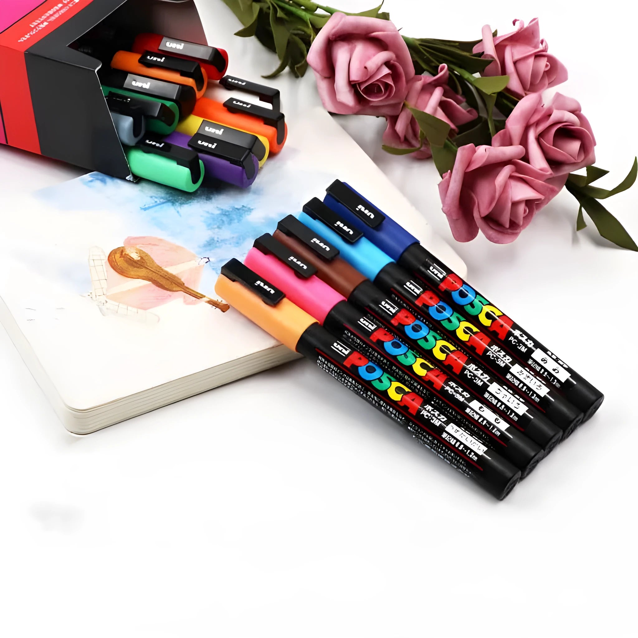 Doodle acrylic marker set with eight coloured refills in plastic case showing 0.9mm fine tip pen