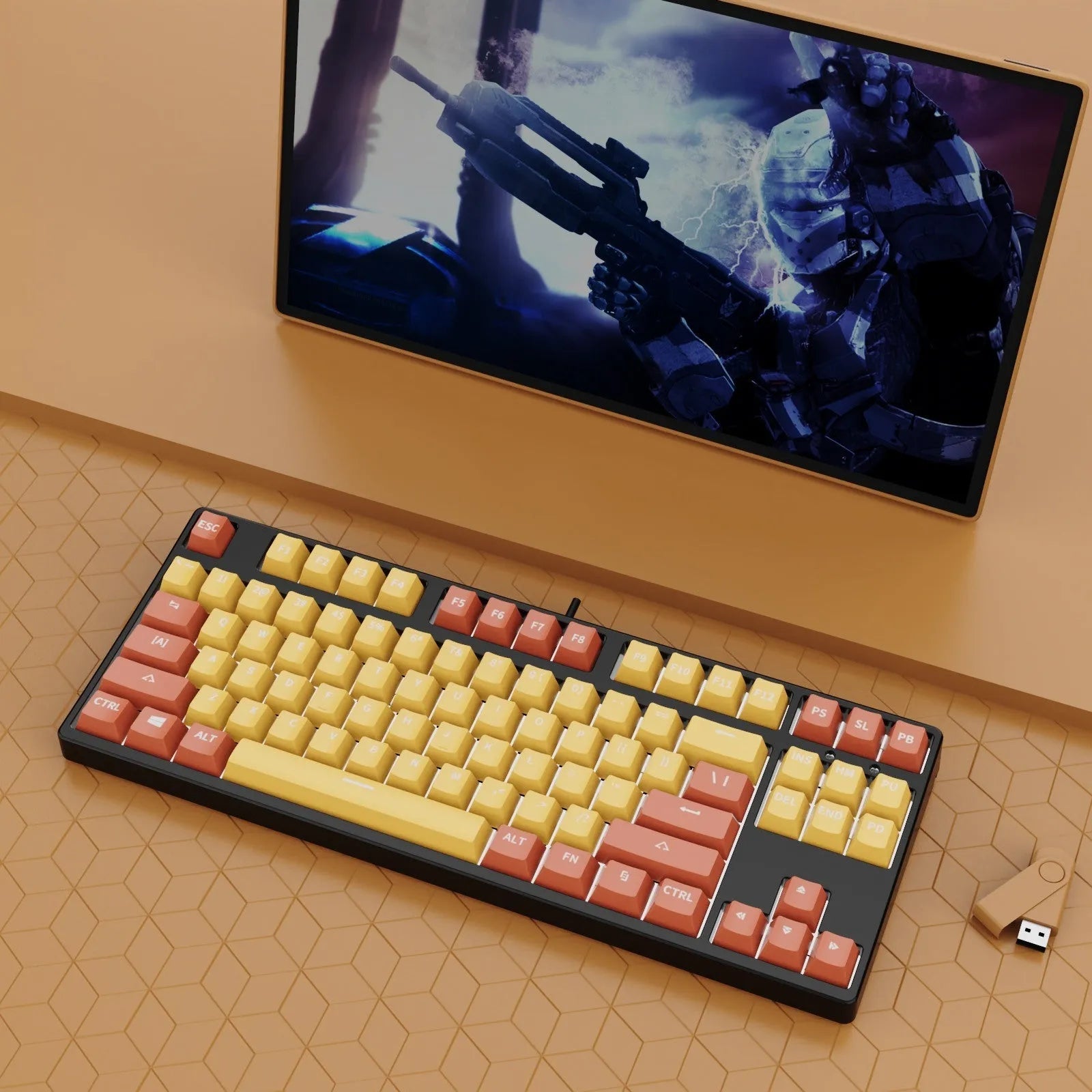 87-key hot-swappable mechanical keyboard with dual-colour backlighting and metal construction.
