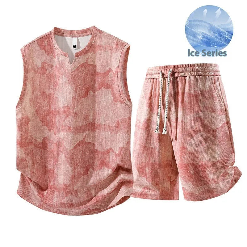 Sleeveless vest and matching shorts casual two-piece set in a quick-dry fabric.
