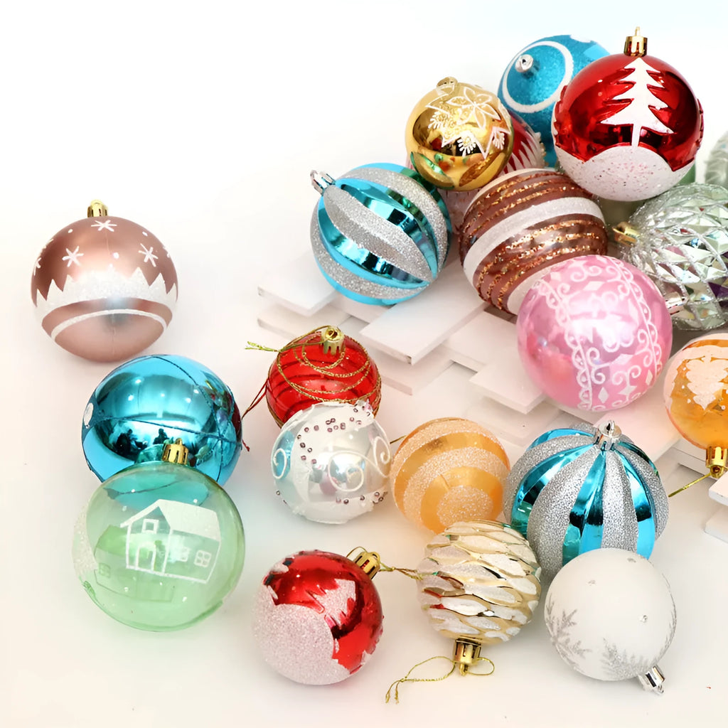 Set of 6cm round PVC Christmas baubles in various painted colours including red, gold, blue, and purple.
