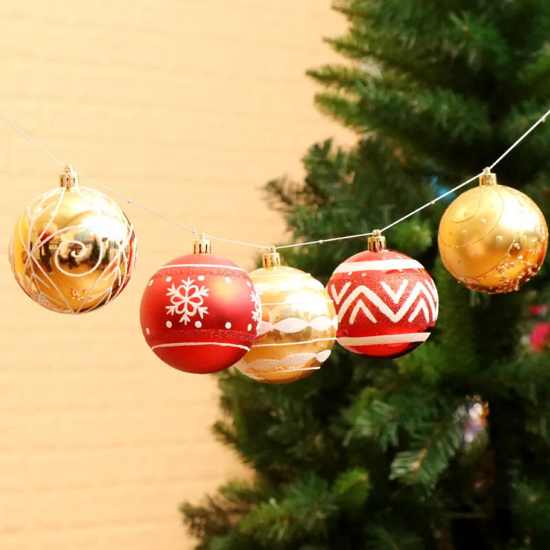 Set of 6cm round PVC Christmas baubles in various painted colours including red, gold, blue, and purple.