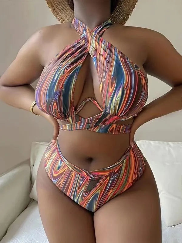 Women's high waist floral print bikini swimsuit in plus sizes for swimming