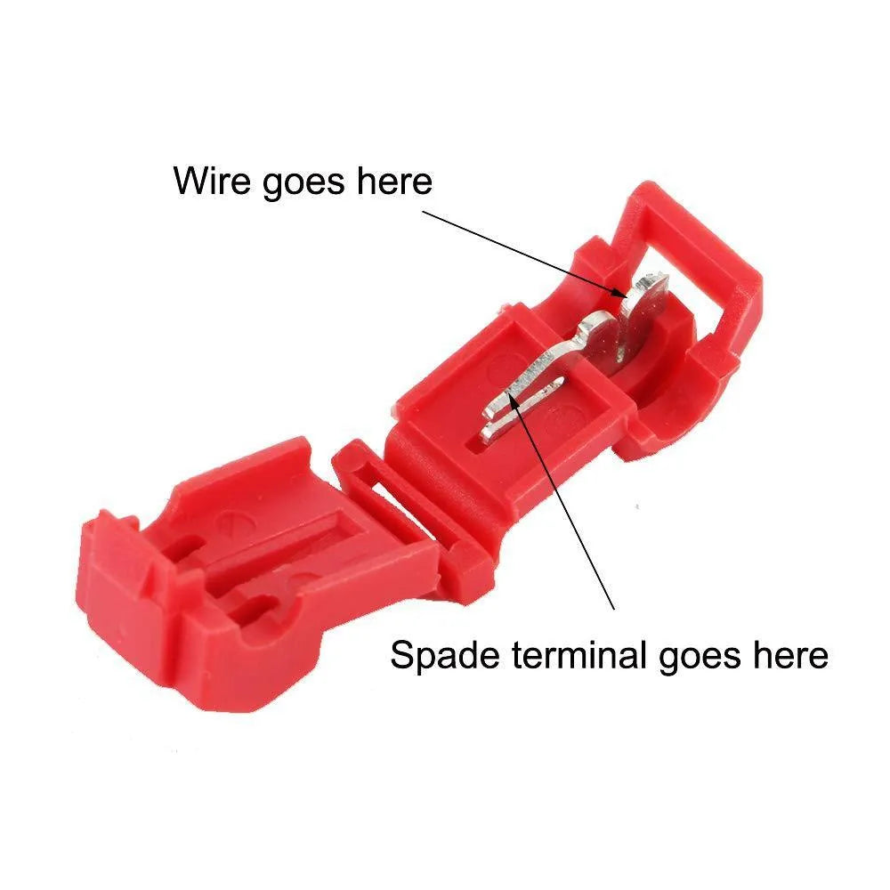 Quick connection box terminal set with red, blue, and yellow male spade and quick connectors in three sizes