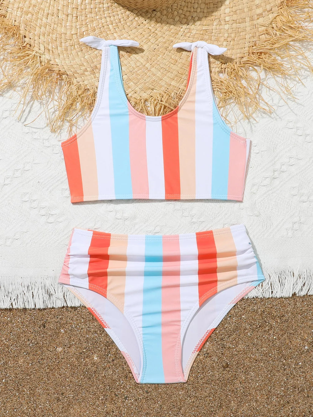 Girls' plaid print two-piece swimsuit set with bra and briefs for swimming.