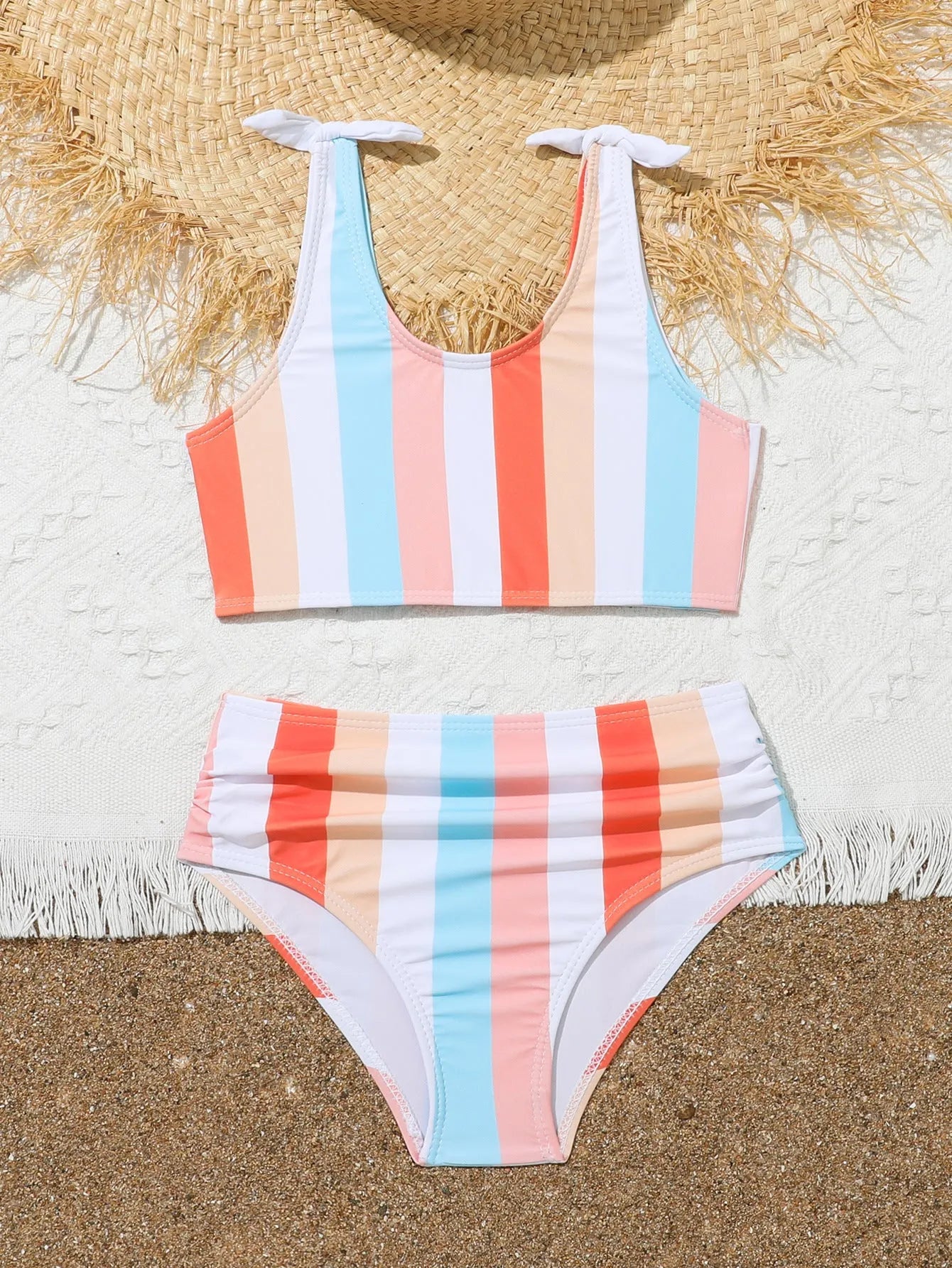 Girls' plaid print two-piece swimsuit set with bra and briefs for swimming.