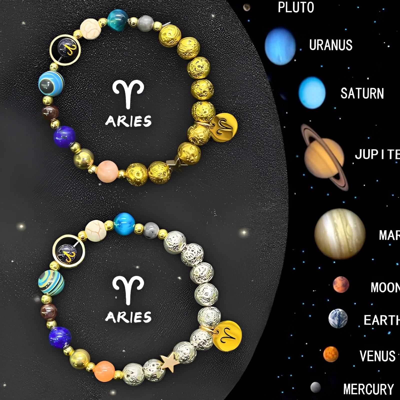 Two natural stone beaded bracelets with zodiac animal symbols on an adjustable string.