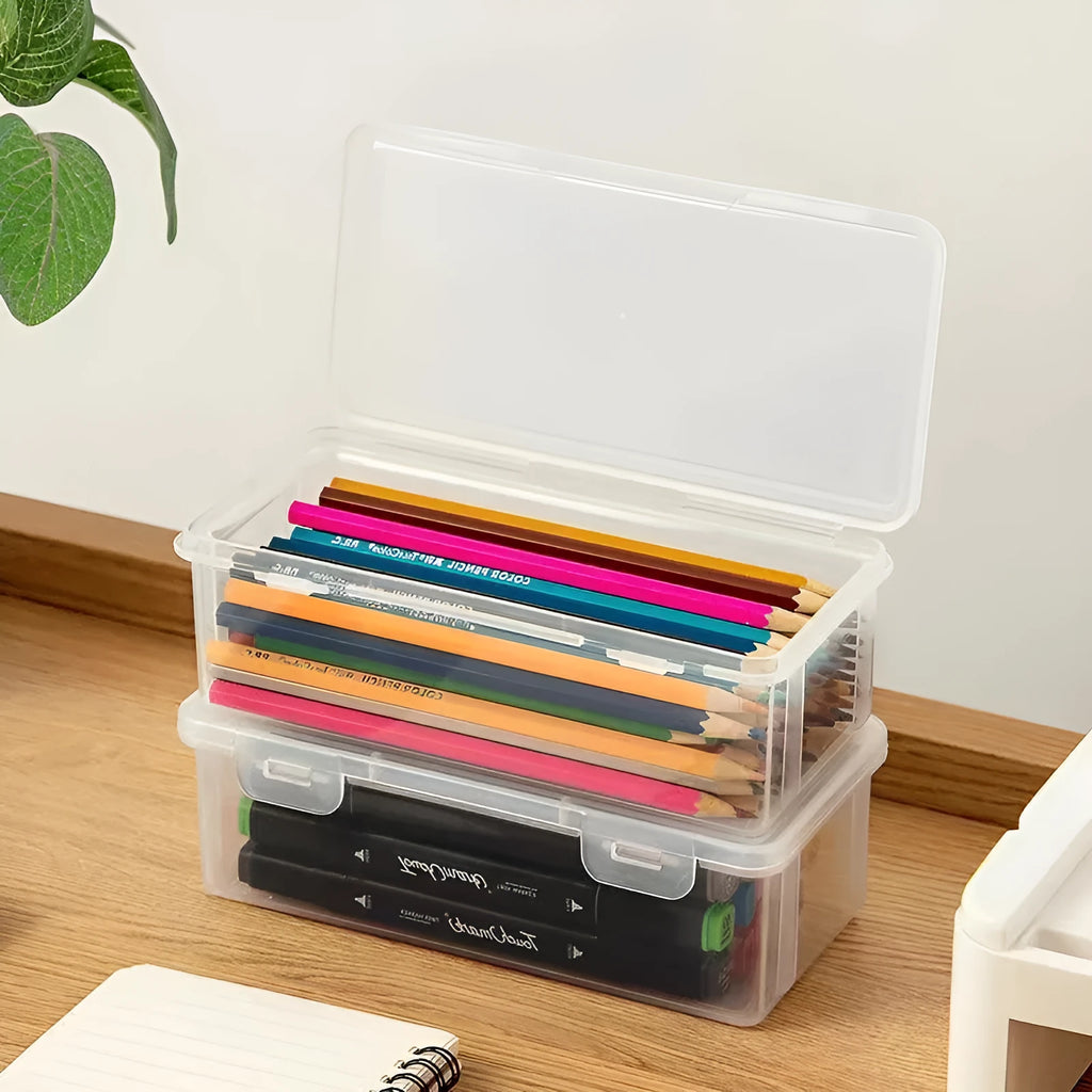 Transparent PP plastic pencil storage box with large capacity for stationery organisation