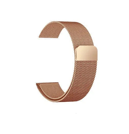 Stainless steel watch strap in silver, shown next to black, gold, and rose gold colour options.