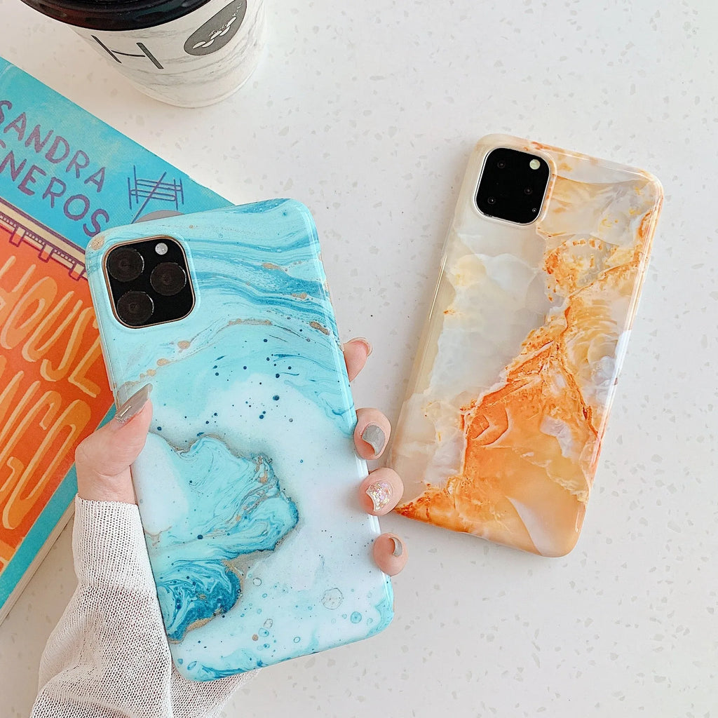 Frosty marble silicone phone case back cover with geometric pattern in multiple colours for iPhone models